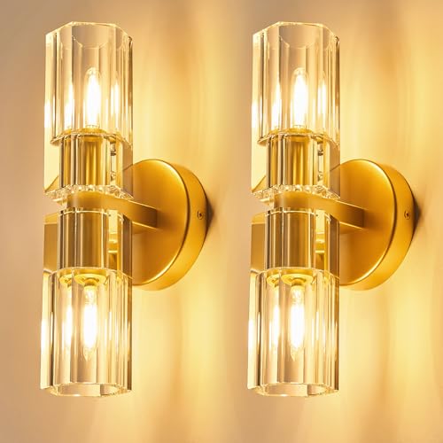 Modern Gold Wall Sconces Set of Two Bedroom Crystal Wall Sconces Indoor Sconces Wall Lighting Living Room Sconces with K9 Crystal Lampshade for Bathroom Hallway Entryway Stairway (2 Count)