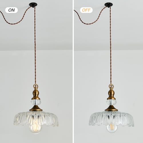 Plug in Glass Pendant Light Fixture Brass Vintage Adjustable Chandelier Brushed Gold Hanging Ceiling Light for Farmhouse Hallway Bedroom Foyer Kitcken Dining Room Island