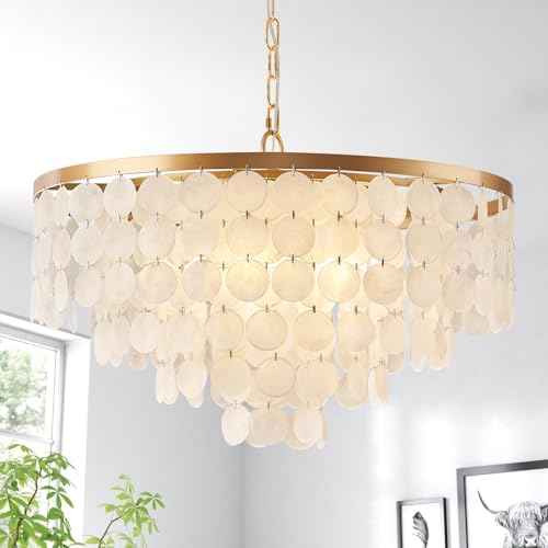 24" Capiz Shell Chandelier, 5 Light Gold Dining Room Light Fixture Modern Coastal Chandeliers for Bedroom Bathroom Kitchen and Foyer(White Seashell Lighting Fixtures)