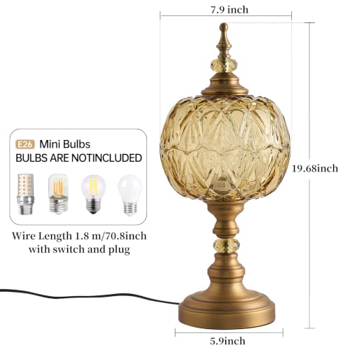 Vintage Amber Glass Table Lamps Brass Metal Desk Lamp Lampshade 8.3inch Table Light with Plug Switch for Bedroom Living Room Dressing Room
