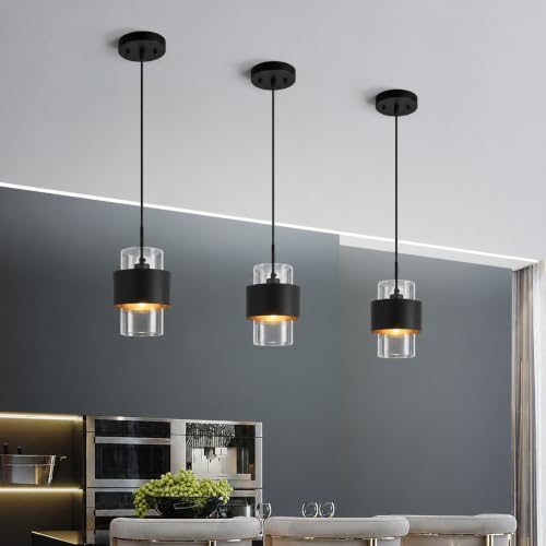 Modern Black Pendant Lighting Indoor Kitchen Island Pendant Light Glass Shade Ceiling Light Fixtures for Bedroom Dining Room Living Room (2 Count)