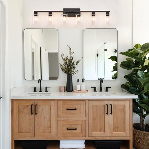 6 Light Bathroom Vanity Light Black Vanity Lights for Bathroom Light Fixtures Matte Black 6 Light Fixtures with Clear Glass Shades for Bath Over Mirror