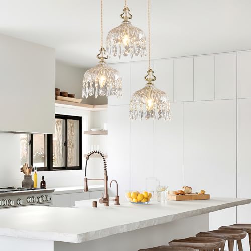 3 Light Pendant Light Fixtures Brass Vintage Glass Pendant Lights Crystal Hanging Light Fixtures (3 Count)