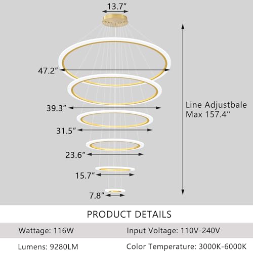 Modern LED Dimmable Chandelier 6 Ring High Ceiling Large Chandelier for Living Room Hanging Light Fixture for Foyer Staircase Gold