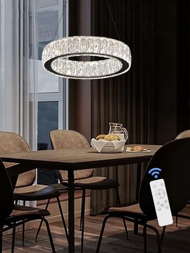 Modern LED Dimmable Crystal Chandelier 15.7in Black Ring Pendant Light Adjustable Round Crystal Chandelier Light for Dining Room Living Room
