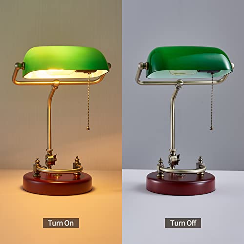 Bankers Lamp Traditional Green Glass Desk Lamp Solid Wood Pull Chain Switch
