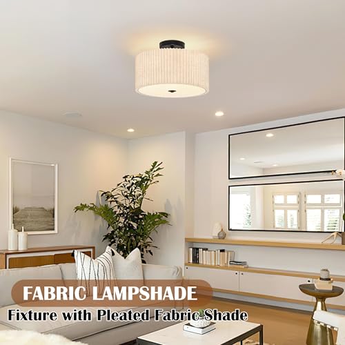 3 Light Semi Flush Mount Ceiling Lights Fixture 16 Inch Drum Light Fixture Drum Ceiling Lights with Pleated Fabric Shade Black Close to Light Fixtures for Hallway Living Room