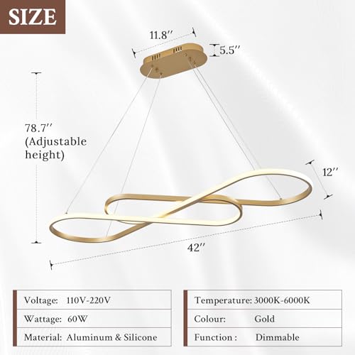 Modern LED Chandelier Gold Dimmable LED Pendant Light for Dining Room Light Fixture Over Table Modern Kitchen Island Lighting High Ceiling with Remote for Living Room