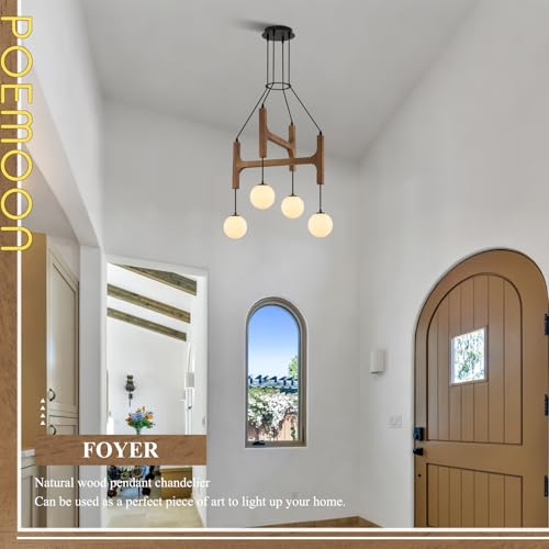 Rustic Oak 4 Light Wooden Chandelier with Milk Glass Globe L24 Inch