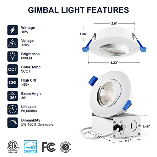 4 Packs 3 Inch Gimbal Led Recessed Light with Junction Box 10w