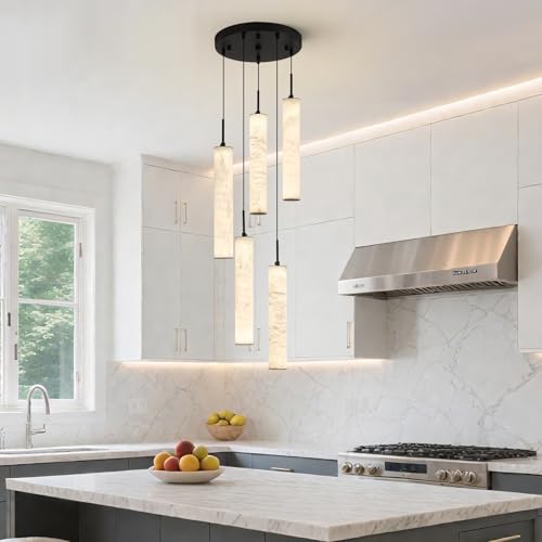 Natural Alabaster Pendant Lights for Kitchen Island White Marble Long Tube Chandelier 4000K Modern Black Ceiling Light Fixtures for Bedroom Dining Room Table Living Room Hallway