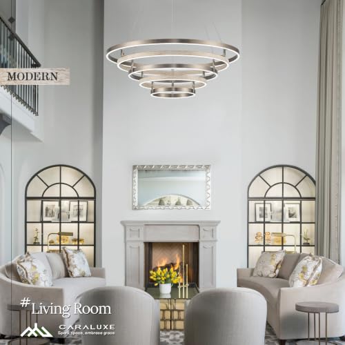 5 Ring LED Chandelier Modern Chandelier Weathered Wood Nickel Dimmable 31''