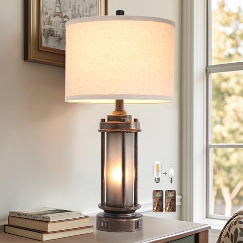 25" Farmhouse Lamps for Living Room with 2 USB C+A Ports