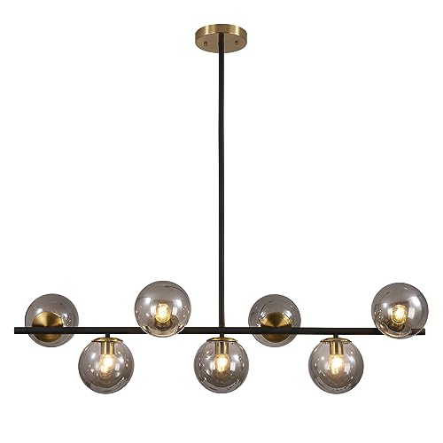 7 Light Mid Century Modern Black Brass Gold Linear Sputnik Chandelier