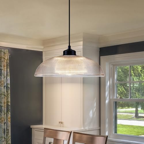 EDSILIVE Vintage Glid Glass Pendant Lights Kitchen Island 13.78" Barn Dome Clear Glass Hanging Ceiling Light Fixture with Black Finish for Dining Room Kitchen Table