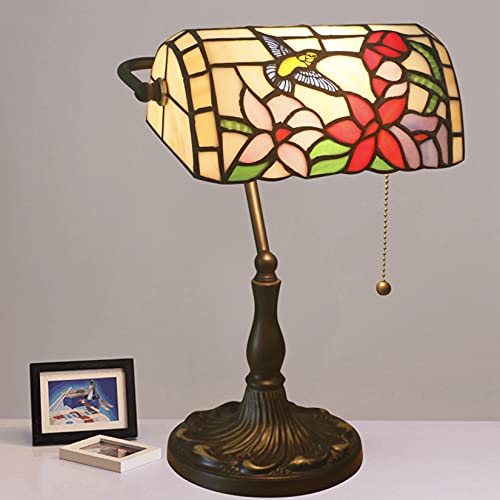 Bird Lamp Tiffany Style Bankers Lamp Table Lamp Stained Glass Bird Flower Lamp Shade Piano Desk Lamp Vintage Bedroom Bedside Lamp for Livingroom Office Study