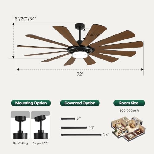 72"Large Farmhouse Ceiling Fan with Light & Remote (Black + Walnut / 72 Inch)