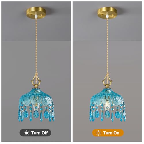 Brass Vintage Pendant Light Blue Crystal Hanging Light Fixtures (2 Count)