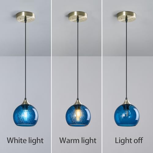 Blue Glass Pendant Lights Kitchen Island Lighting Globe Pendant Light Fixtures Modern Pendant Lighting for Kitchen Island Bedroom Living Dining Room Light Fixture (3 Count)