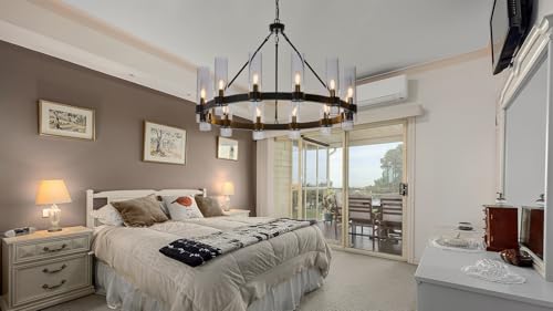 36 Inch Large Black Wagon Wheel Chandelier 12 Lights with Glass Shade