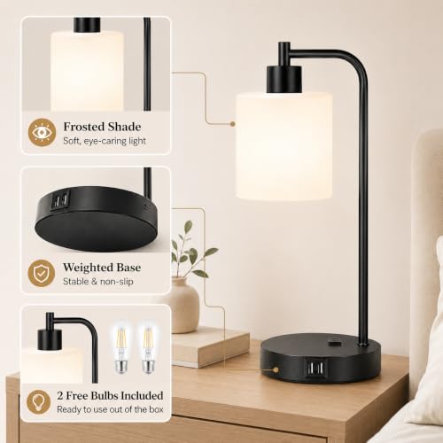 Set of 2 Industrial Touch Control Table Lamps with 2 USB Ports and AC Outlet