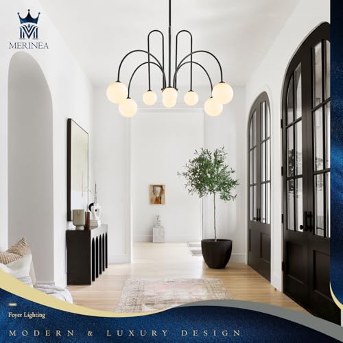 Black Sputnik Chandelier with Milk Glass Globe 8 Lights L41 Inch