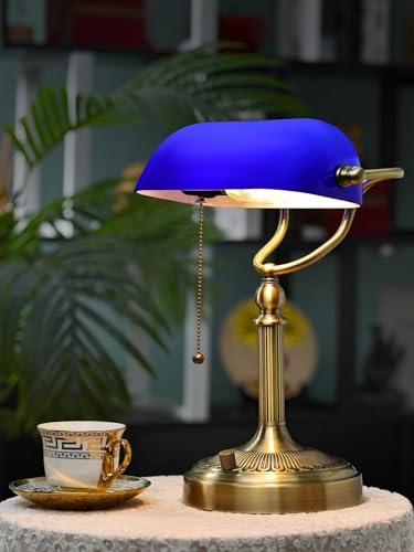 Blue Stepless Dimmable Glass Bankers Desk Lamp