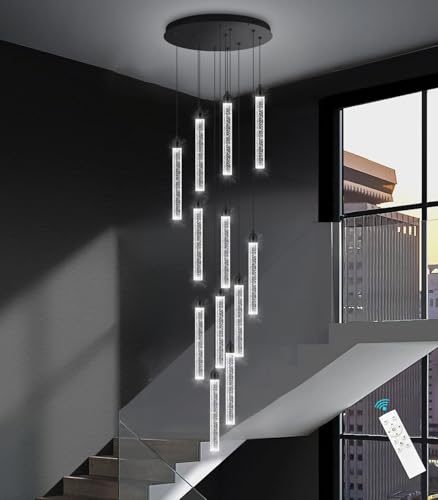 12 Lights Modern Chandeliers for Entryway High Ceiling Chandelier LED Dimmable Long Lights Fixture Pendants Lighting Crystal Chandeliers for Hallway Foyer Living Room Black Finished Lighting