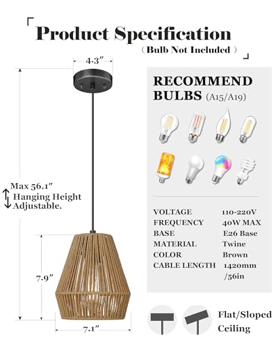 3 Pack Japandi Woven Pendant Lights 7” Modern Boho Hanging Lamp with Handwoven Rattan Shade (3 Count)