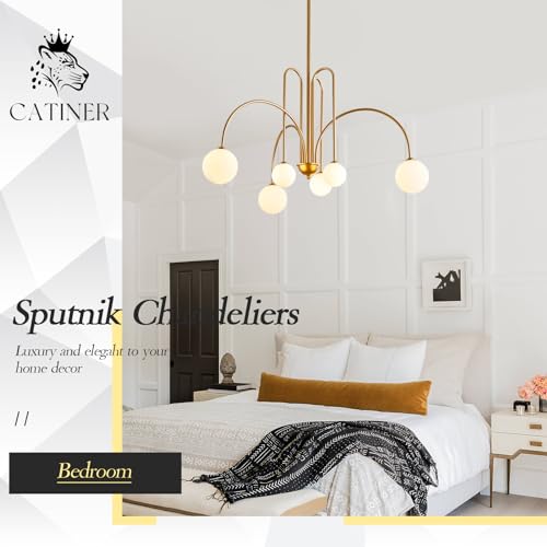 Modern 40" 6 Light Gold Sputnik Chandelier with Milk Glass Globe
