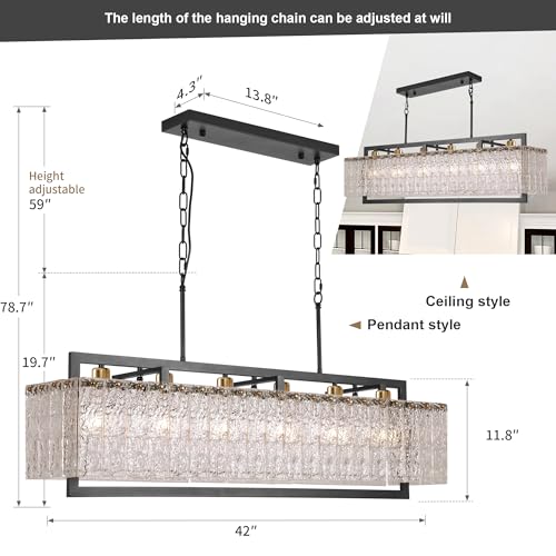 42" Black Crystal Ripple Glass Rectangle Pendant Chandelier 6