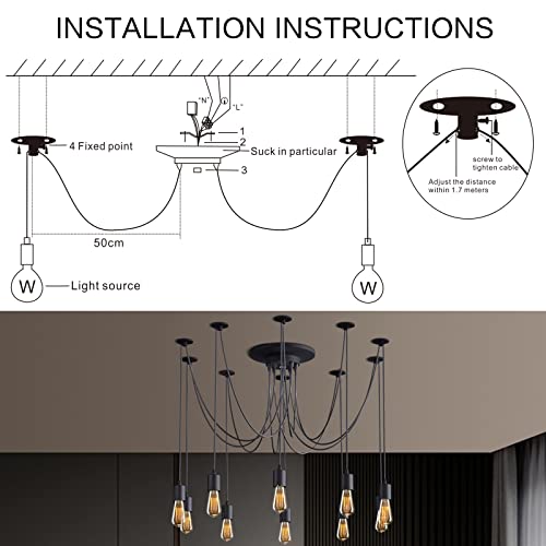 Vintage Edison Multiple Ajustable DIY Ceiling Spider Lamp Light Pendant Lighting Chandelier Modern Chic Industrial Dining with Romote Control