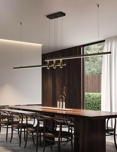 83" Modern Black Linear Pendant Lights Kitchen Island Lighting Minimalist Led Chandeliers Pool Table Light Dimmable Ceiling Hanging Light Fixture Dining Room with Remote Control