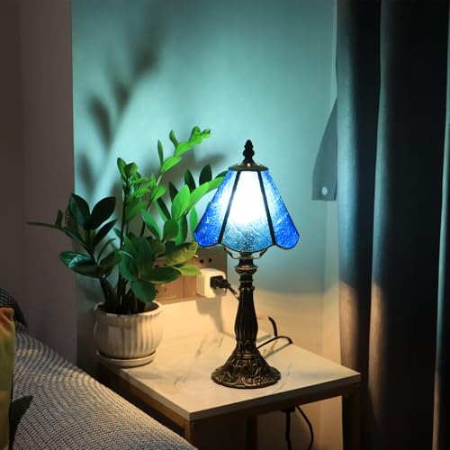 Small Tiffany Table Lamp Yellow Rippled Stained Glass Desk Lamps 6X6X14 Inch Bronze Resin Base Antique Mini Accent Light