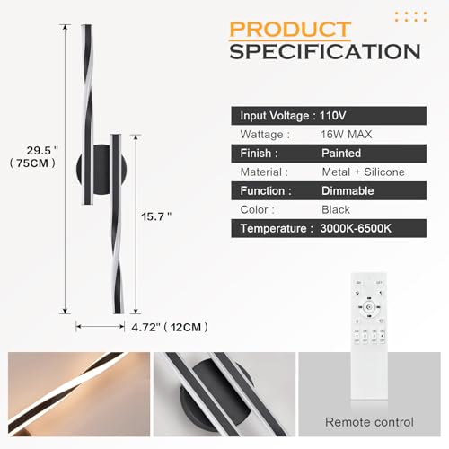 Modern LED Vanity Light Bathroom Black Wall Sconce with Remote Control Modern Bathroom Wall Lighting Fixtures Over Mirror for Bedroom Bedside