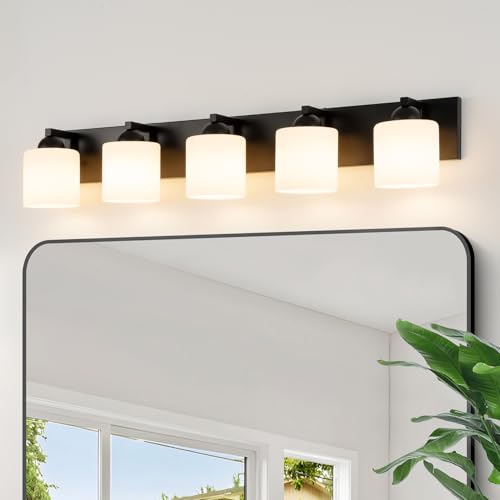 5 Light Black Bathroom Vanity Light with White Glass Shades
