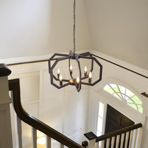 Lanhall 6 Light Farmhouse Chandelier Black Dining Room Light Fixture Modern Rustic Geometric Hanging Pendant Light for Living Room, kitchen Island, Foyer, Entryway, Hallway, Stairway Adjustable Height