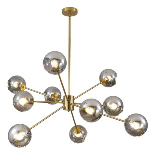 10 Lights Mid Century Modern Large Smoke Grey Sputnik Chandelier Brushed Gold Globe Sputnik Light Fixture Nordic Hanging Ball Chandelier Vintage Minimalist Brass Pendant Lights Kitchen Island