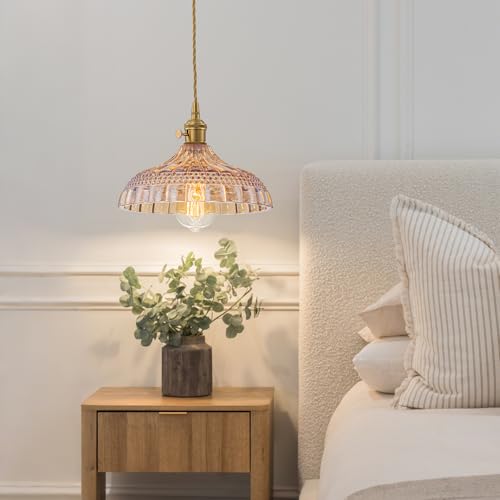 EDSILIVE Vintage Flower Glass Pendant Lights Kitchen Island 9.84" Antique Flower Amber Glass Hanging Ceiling Light Fixture with Adjustable Wire E26 Base for Dining Room Kitchen Table