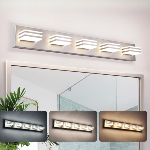 LED Wall Brushed Nickel Vanity Lights for Bathroom Light Fixtures 30W Adjust 3 Colors Modern Bath Lighing Over Mirror LED Vanity Light