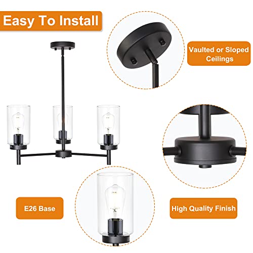 Farmhouse Chandeliers Black 3 Lights with Clear Glass Shades Modern Industrial Pendant Light Dining Room Lighting Fixtures Hanging Adjustable Wire Semi Flush Ceiling Lights