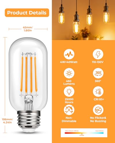 T45 4W LED Edison Bulbs E26 Base 40W Equivalent with Clear Glass