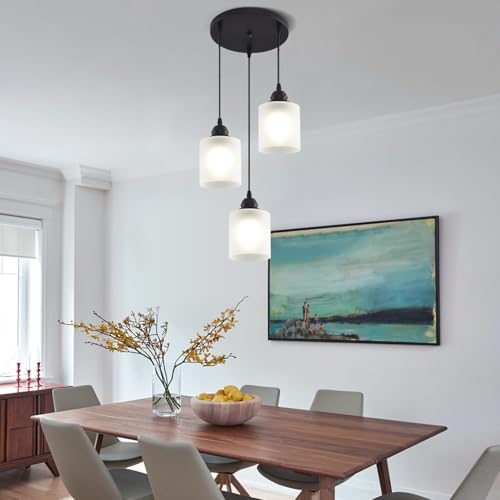 3 Lights Industrial Pendant Light with Glass Shade Matte Black Pendant Lighting Adjustable Industrial Retro Style Hanging Light (3 Count)