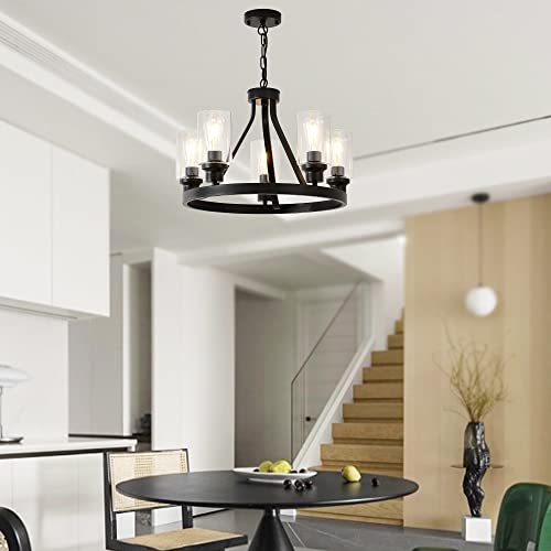 Farmhouse Chandelier Lighting Round 5 Lights Black with Glass Shade Ceiling Hanging Vintage Rustic Light Fixture for Dining Room Living Room Foyer Porch Kitchen Island