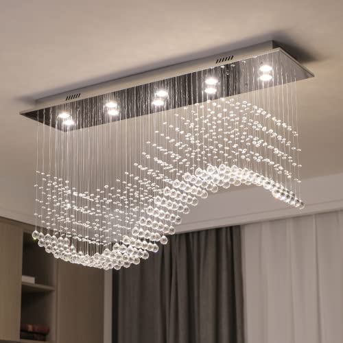 Modern Wave Crystal Chandelier for Dining Room 10 Lights Luxury Rectangular Flush Mount Crystal Ceiling Light for Living Room Kitchen Island Length 40 Inch