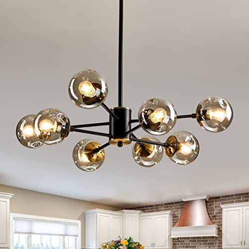8 Light Glass Globe Sputnik Chandelier Matte Black and Gold Mid Century Modern Ceiling Light Fixture Adjustable Vintage Hanging Pendant Lighting for Dining Room Kitchen Bedroom Farmhouse