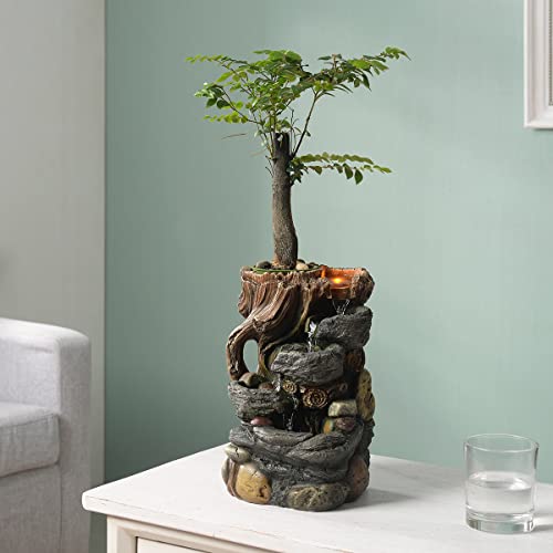 Indoor 5 Tier Rockery Tabletop Waterfall Fountain with Auto Watering and Small Plastic Plant Pot