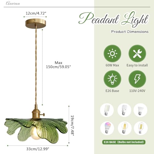 Green Glass Pendant Light Kitchen Flower Ceiling Light Fixture with Leaves Glass Shade (2 Count)