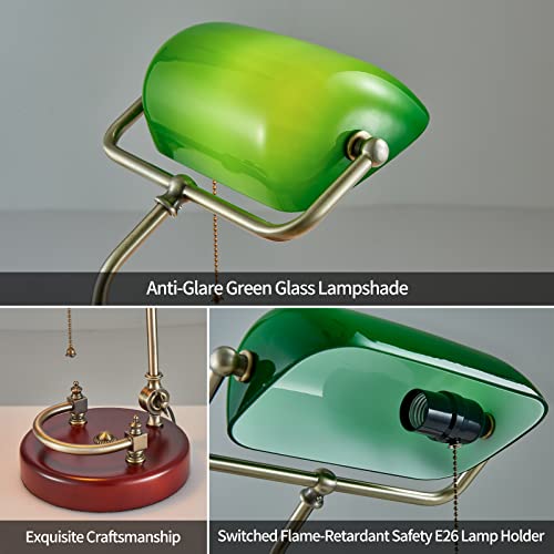Bankers Lamp Traditional Green Glass Desk Lamp Solid Wood Pull Chain Switch