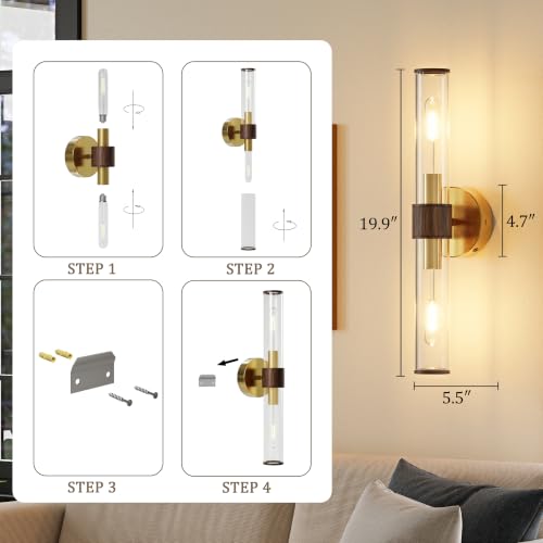 Gold Walnut Battery Operated Wall Sconces Set of 2